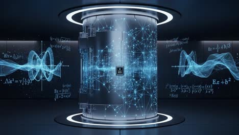 a futuristic data vault encapsulated in a sleek cylindrical structure, surrounded by glowing mathematical graphs and dynamic wave patterns that signify advanced technology and innovation