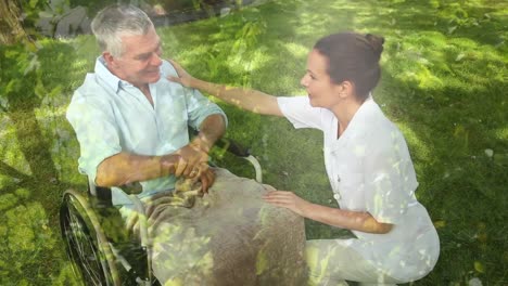 Animation-of-leaves-over-caucasian-nurse-with-patient-in-wheelchair