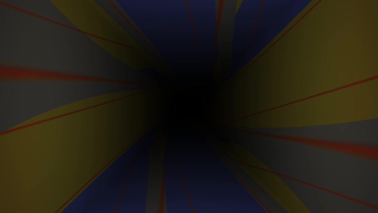 Abstrakter geometrischer Tunnel mit rotierenden blauen und gelben Streifen