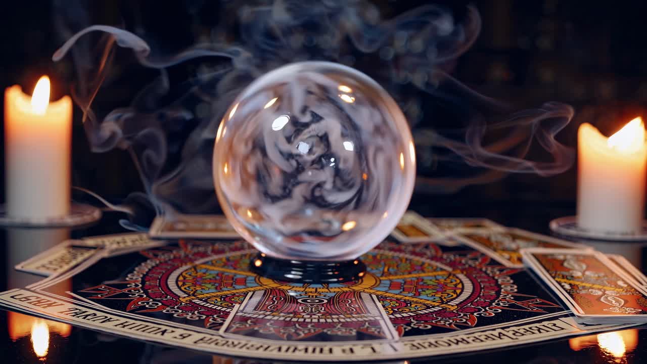 humo blanco místico girando dentro de la bola de cristal en tarot vintage, rodeado de velas ardientes creando una atmósfera de adivinación sobrenatural