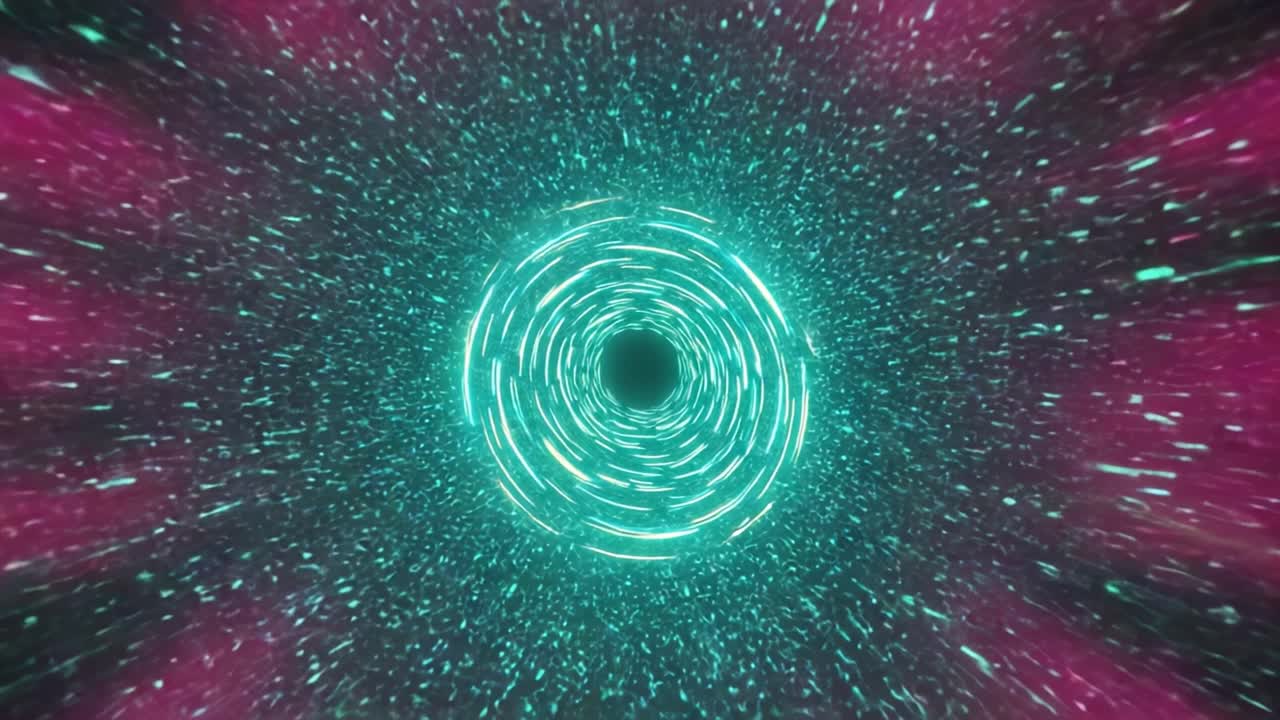 Experience an immersive journey as vibrant light patterns swirl and pulse around a central black void, creating a mesmerizing cosmic tunnel. This captivating visual spectacle uses bright turquoise and pink hues to draw viewers into an enchanting environment filled with dynamic movement. The sense of