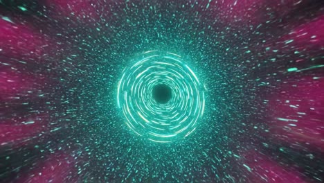 experience an immersive journey as vibrant light patterns swirl and pulse around a central black void, creating a mesmerizing cosmic tunnel. this captivating visual spectacle uses bright turquoise and pink hues to draw viewers into an enchanting environment filled with dynamic movement. the sense of