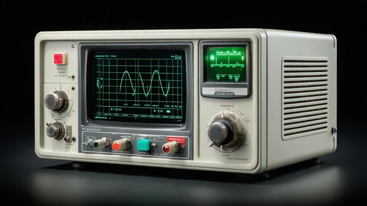 A close-up view of an advanced oscillograph demonstrating electronic waveforms, showcasing knobs, dials, and a vibrant screen displaying intricate signal patterns