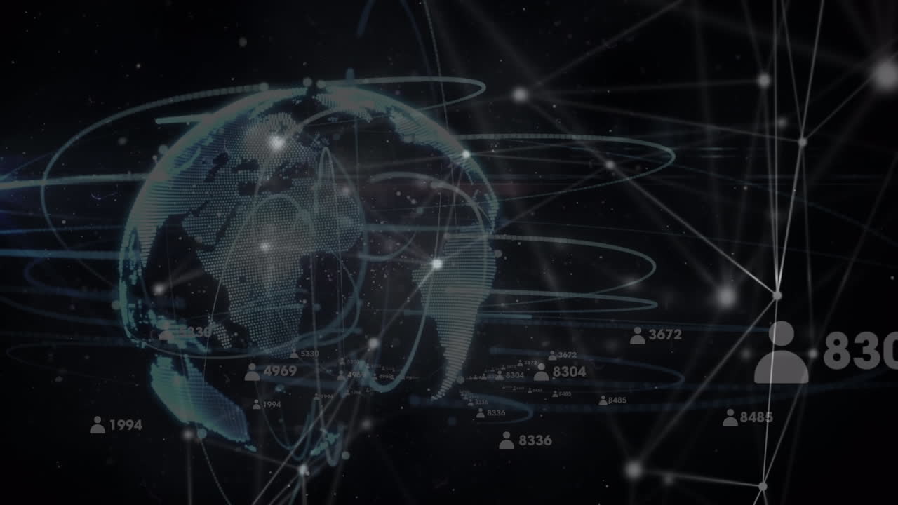 Animation of globe with network of connections with people icons and glowing spots