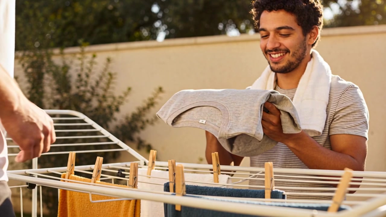 Taking folded shirt from left-arm, towel-wearing man unfolding it at backyard rack with pegs to dry