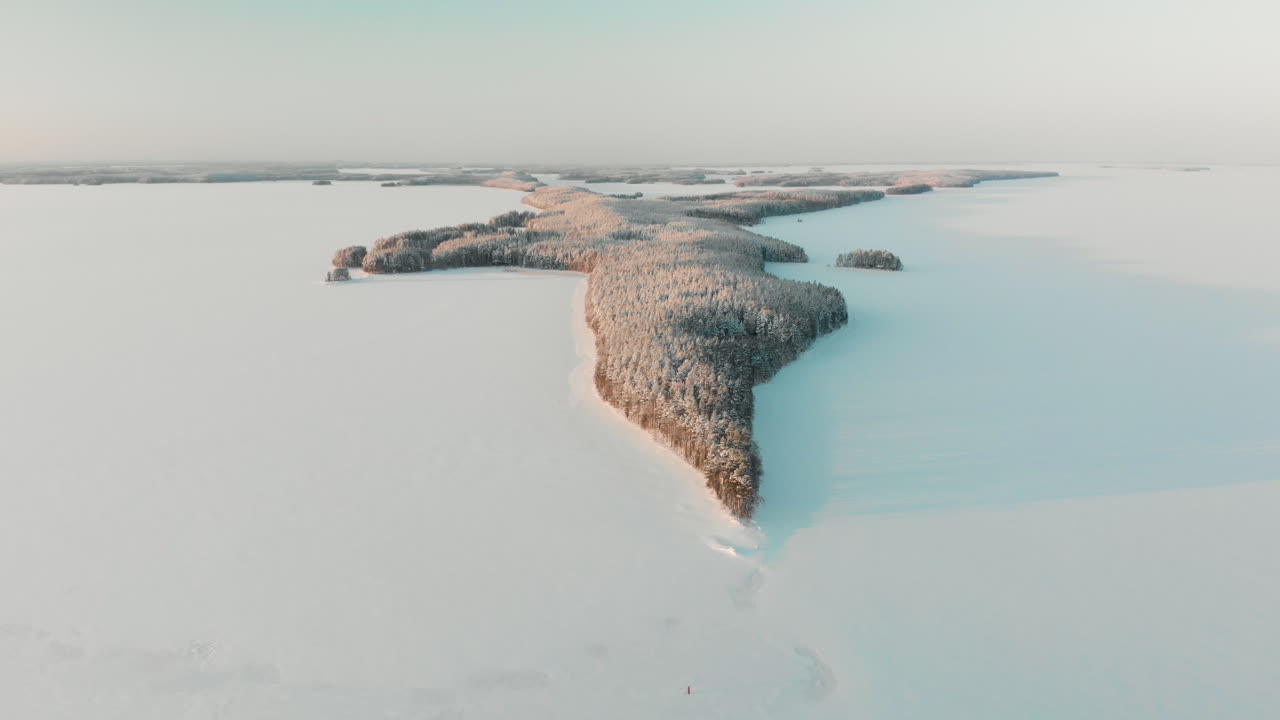 Flygfoto, baklänges, drönarbild, av Vuoniemi udde, mitt i snöiga sjön Saimen, full av tallskog, vid solnedgången, en solig vinterkvällsskymning, i Norra Karelen, Finland