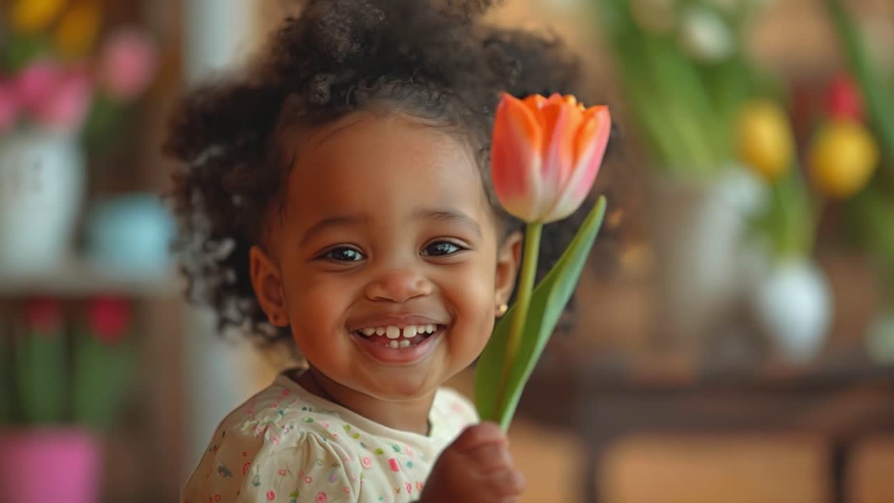 A Happy Child Holding a Tulip
