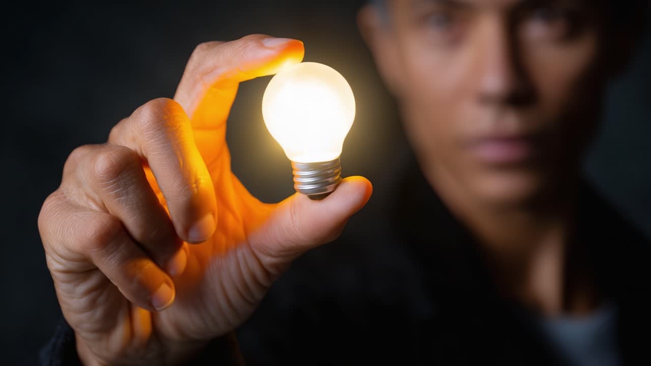 A Person Holding a Glowing Light Bulb Symbolizing Innovation and Creativity, Highlighting the Power of Ideas and Illumination in a Dark Background Environment