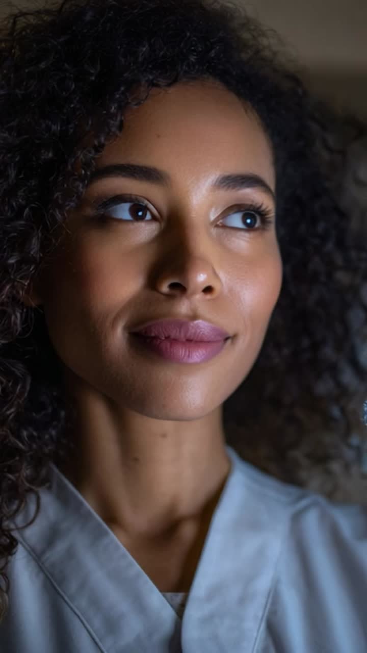 A Captivating Portrait of a Woman with Curly Hair and a Thoughtful Expression, Showcasing Natural Beauty and Poise in a Softly Lit Setting