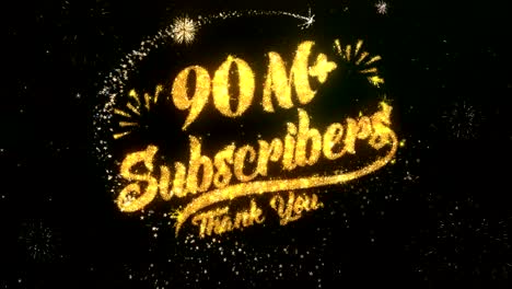 90m suscriptores saludos y tarjetas de deseos hechas de partículas de brillo y chispas iluminan el cielo nocturno oscuro con coloridos fuegos artificiales de fondo 4k.