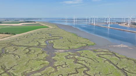 Drone-Volando-Sobre-El-Estuario-Del-Humedal-En-Zelanda,-Los-Países-Bajos