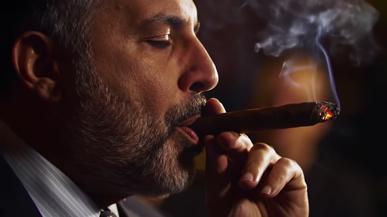 A Sophisticated Moment of Relaxation: A Close-Up of an Individual Savoring a Cigar, Exhaling Smoke in a Warm and Inviting Environment, Evoking Class and Contemplation