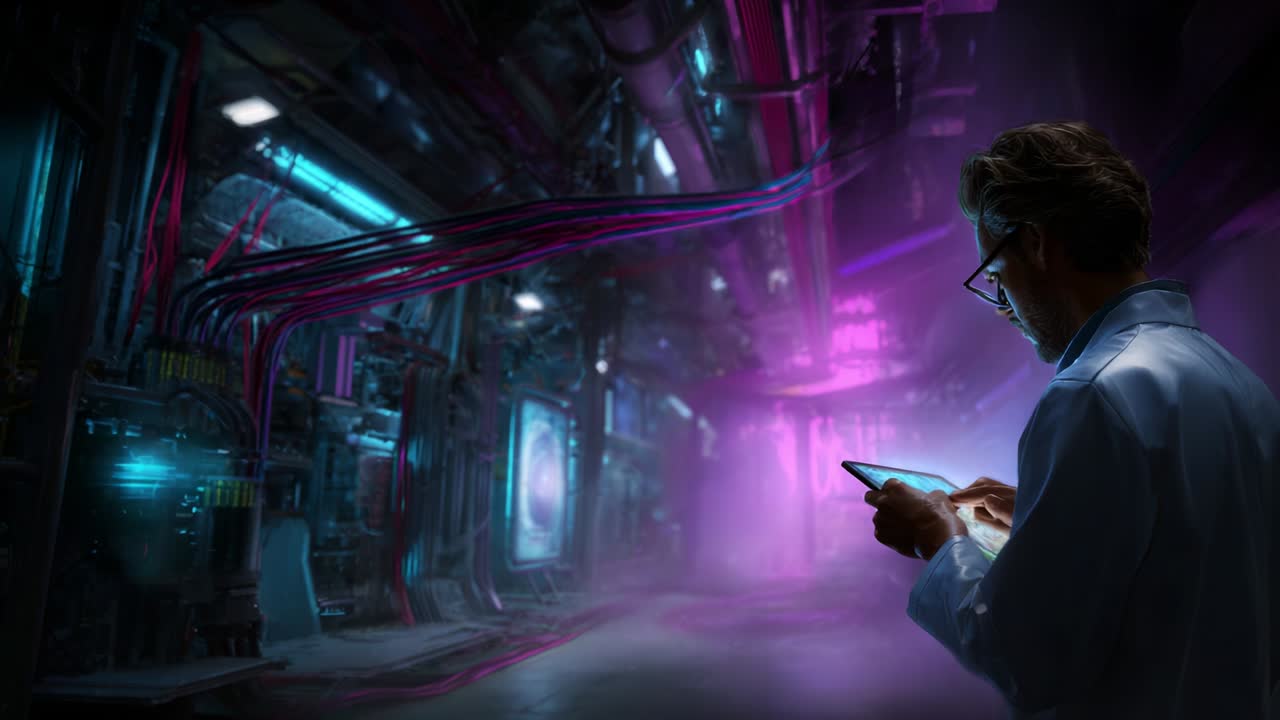In an illuminated laboratory, a scientist in a lab coat examines a device, surrounded by complex machinery and vibrant neon lights, while a mysterious figure approaches in the background, creating tension and intrigue