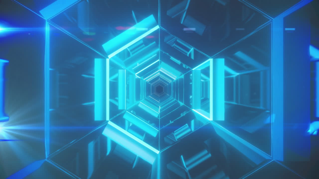 Animation of glowing neon blue light trails moving over black background