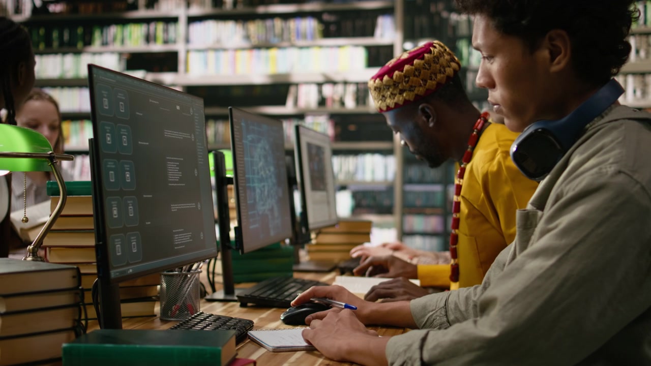 Asian young learner writing notes near chatbot on monitor screen