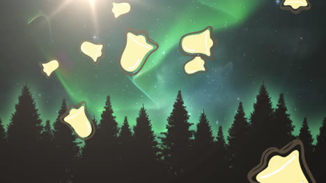 multiple christmas bell icons falling against multiple trees and northern light in night sky