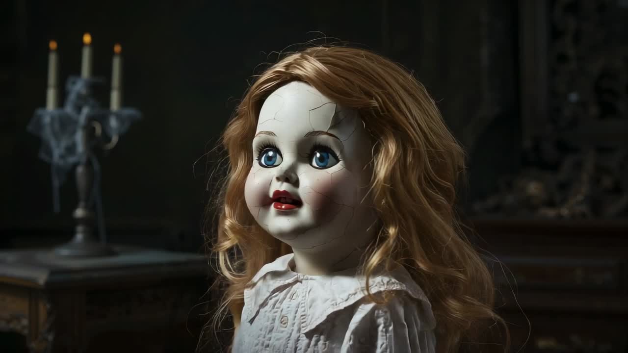 Boneca de porcelana com rosto rachado girando a cabeça da esquerda em direção à câmera em um quarto antigo, com candelabro