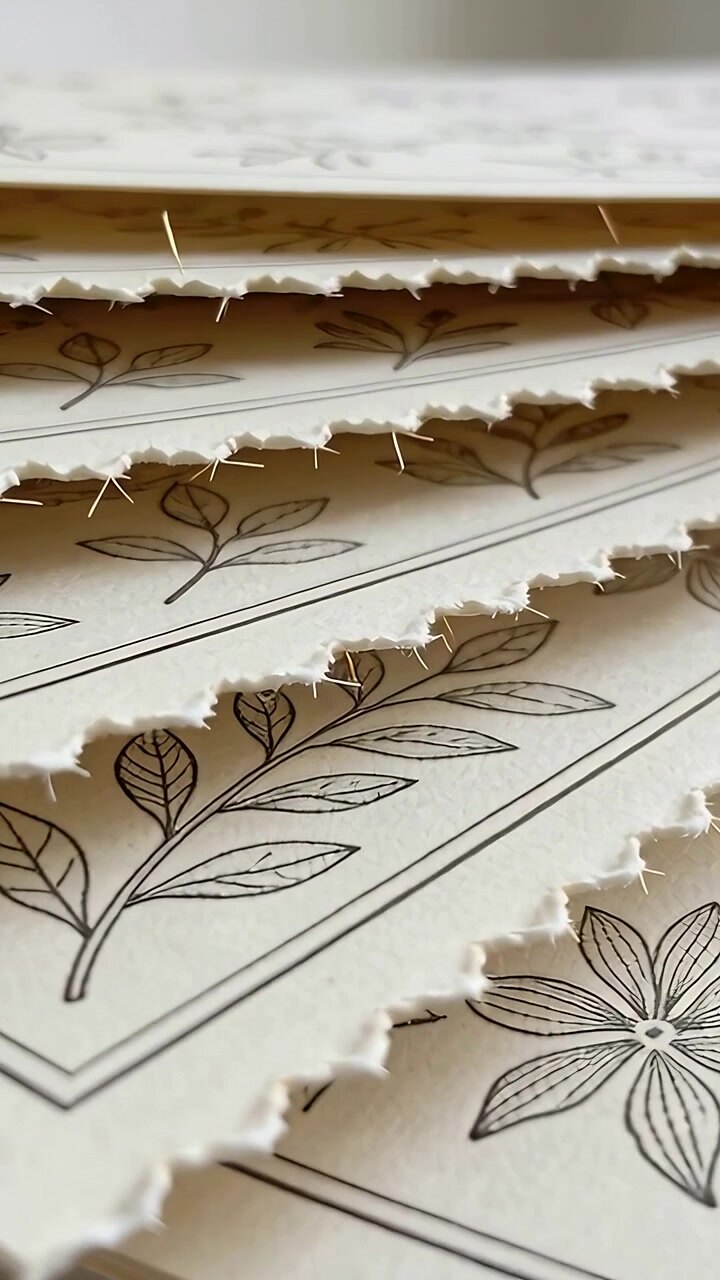 Vertical video: Moving camera revealing paper stack with deckle edges on table, showing leaf motifs