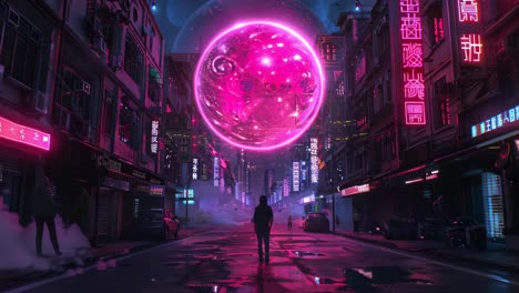 neon pink sphere over futuristic cityscape