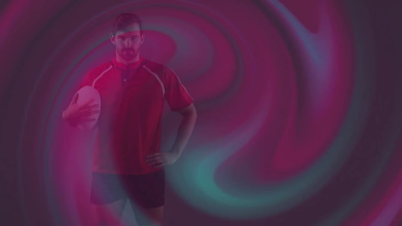 animación de ondas digitales coloridas sobre un jugador de rugby caucásico contra un fondo gris