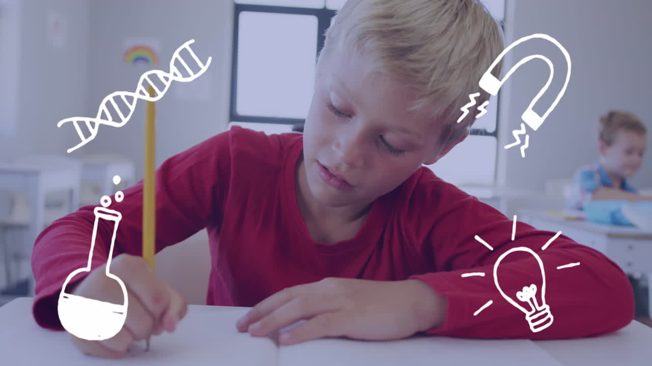 animación de iconos de la ciencia sobre feliz escolar caucásico trabajando en el escritorio