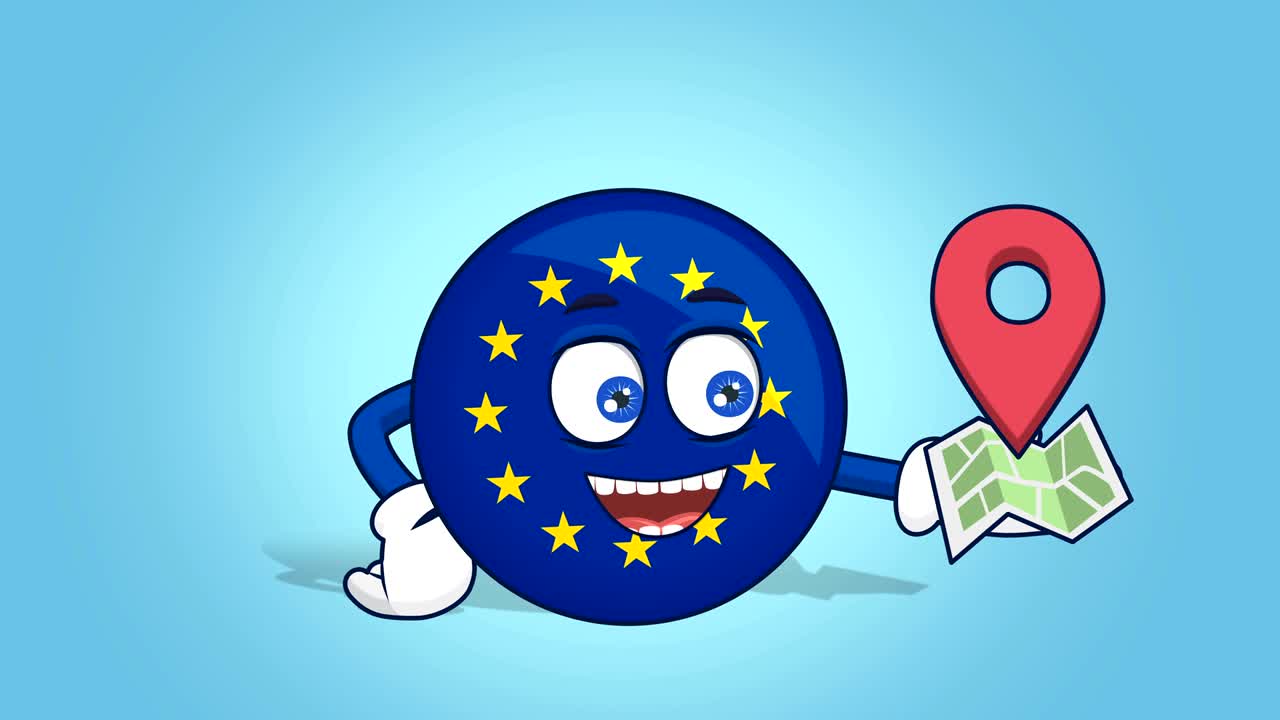 dibujo animado icona de la unión europea mapa de ubicación de la bandera con animación de la cara