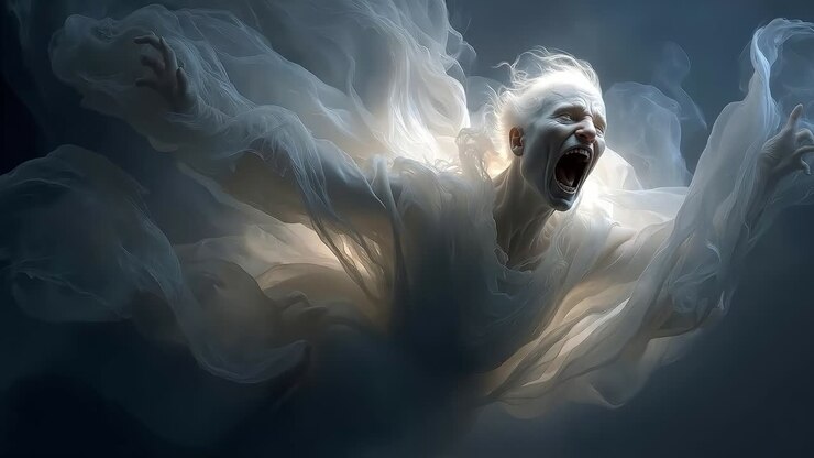 A ghostly figure with white hair and a white robe is screaming