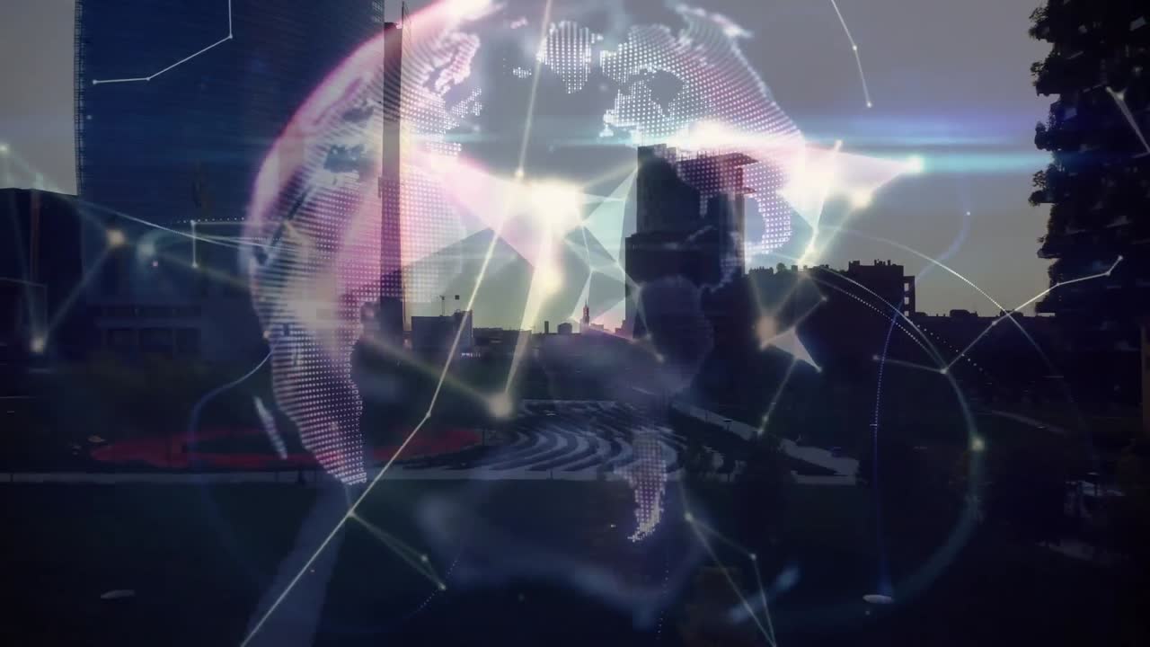 Network of connections over spinning globe against view of cityscape