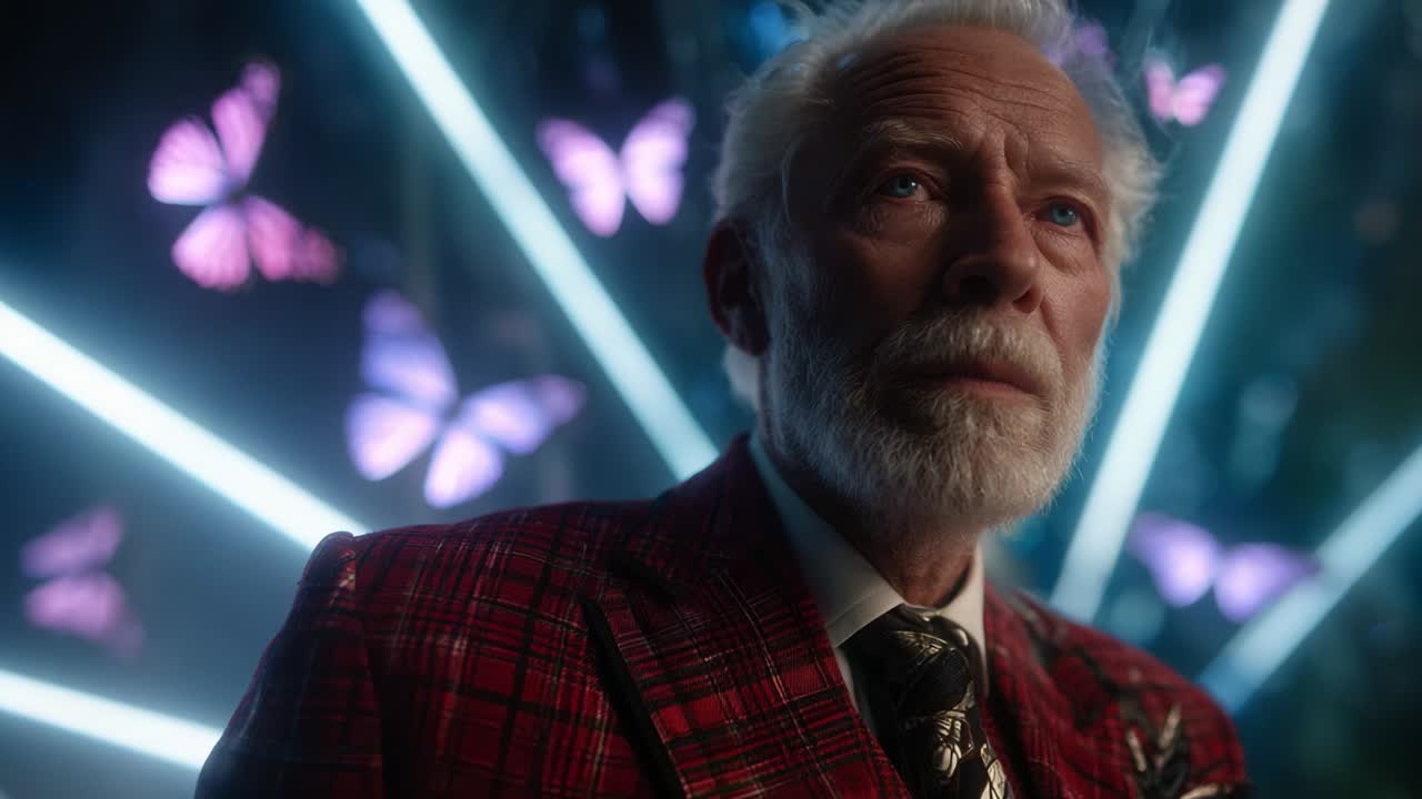 A Wise Man in a Striking Red Suit Surrounded by Vibrant Butterflies and Radiant Lights Captures the Essence of Transformation and Beauty Amidst a Dreamlike Background