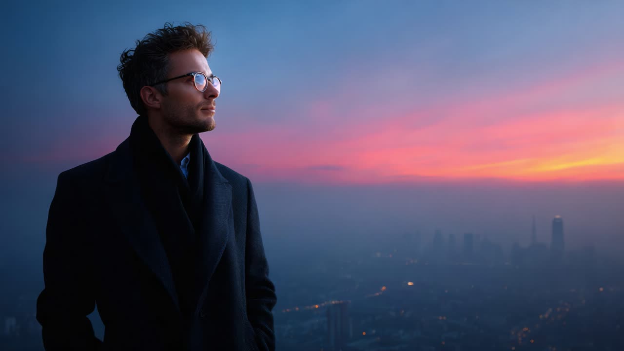 A contemplative man gazes at a vibrant sunset over a city skyline, embodying tranquility and introspection amidst the evening glow and urban backdrop