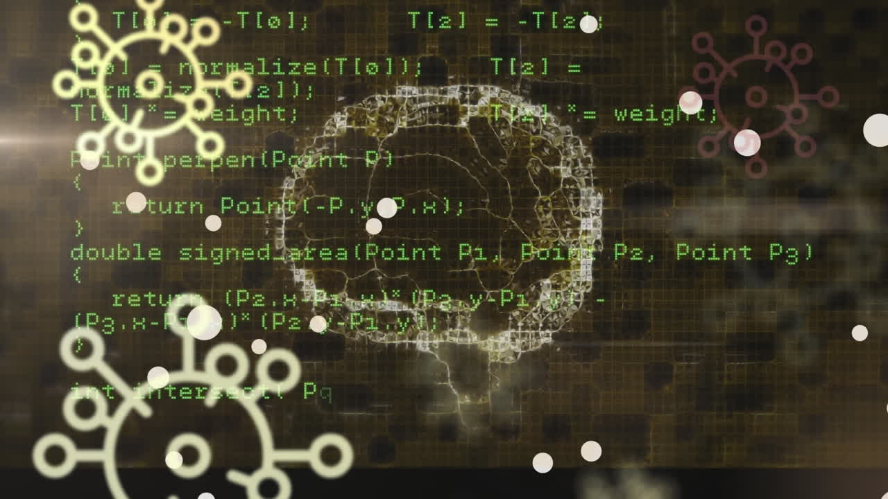 animación de células de covid 19 con el giro del cerebro humano y el procesamiento de datos