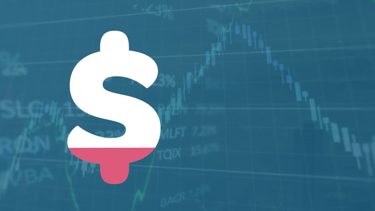 Animation af amerikansk dollartegn, der fyldes med lyserødt, og finansiel databehandling