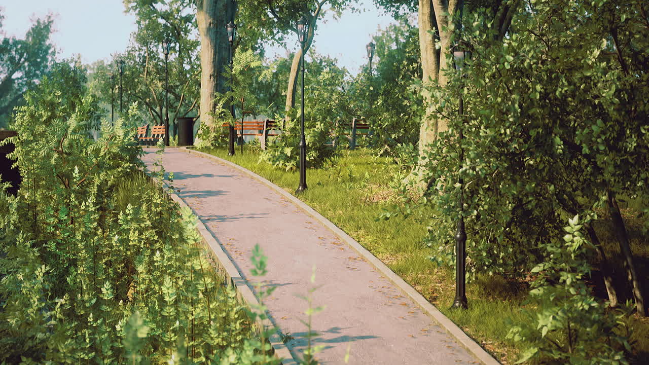 пешеходная тропа в солнечном парке, окруженном зеленью и скамейками