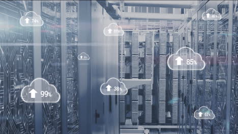 la animación digital muestra el flujo de datos y el crecimiento de la nube en una sala de servidores de red global.