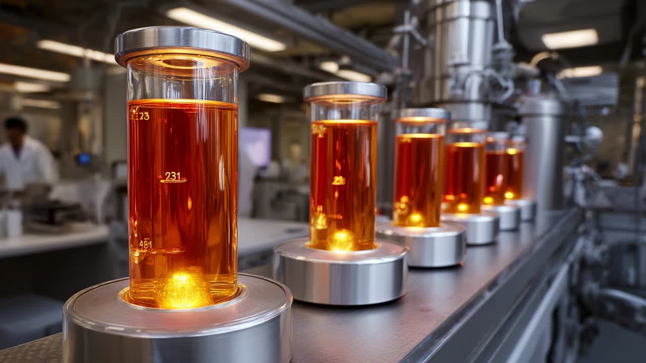 A close-up view of a series of illuminated glass vessels containing a vibrant amber liquid, showcasing a well-organized laboratory environment with advanced machinery and scientific equipment in the background