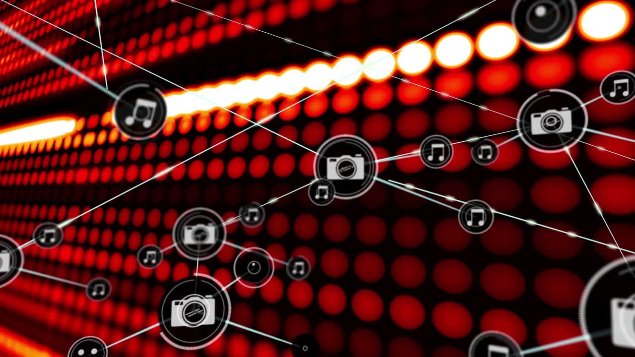 animación de la red de conexiones de iconos de cámara en fondo negro con luces rojas