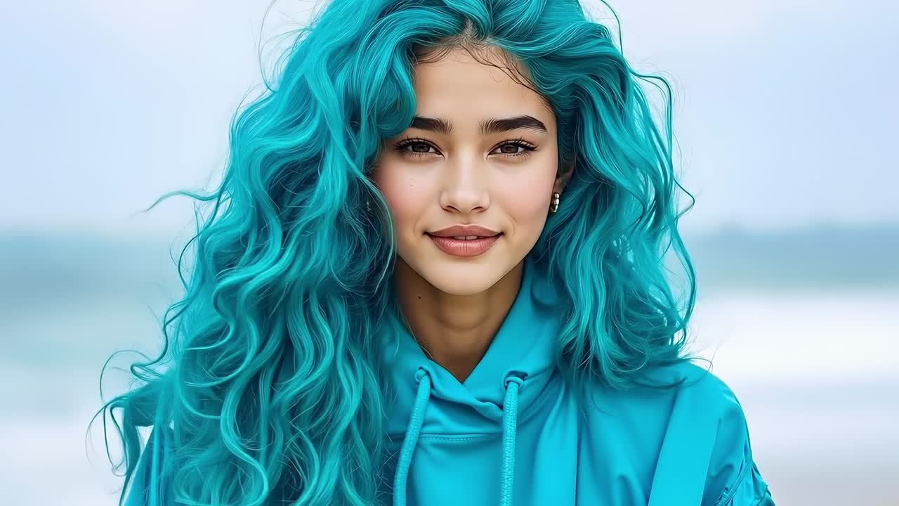 una mujer con cabello azul con una capucha azul