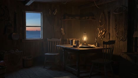 a serene evening in a rustic cabin: the soft glow of an oil lamp illuminates the cozy atmosphere as the sun sets over the tranquil waters outside the window