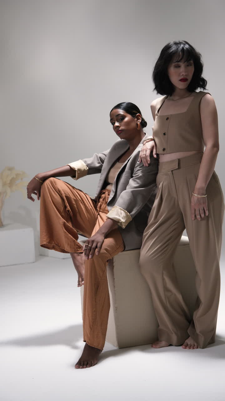 Vertical video: Two women in stylish outfits posing confidently in modern fashion studio