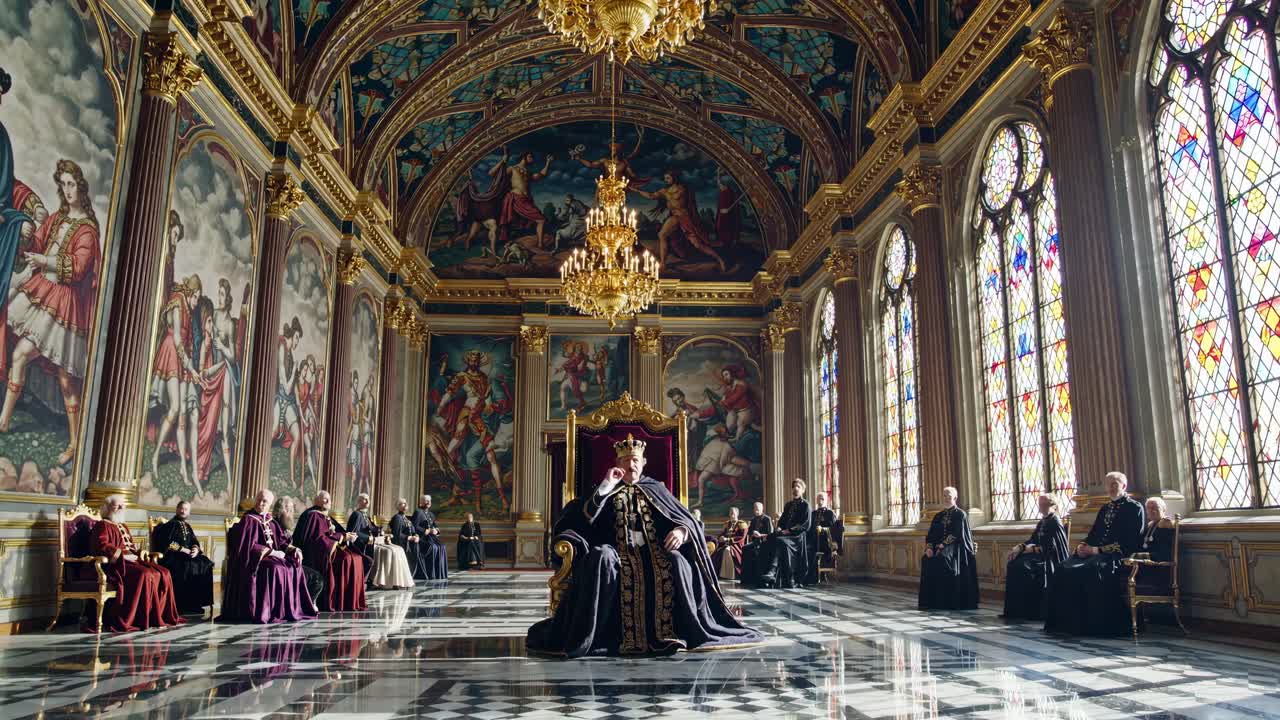 Wide-angle shot of a regal, opulent hall with stained glass, ornate decor, and a king on a throne