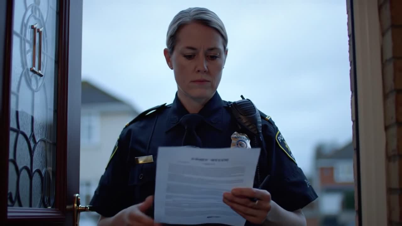 A police officer stands at a front door, reading a document intently. The setting is an overcast evening, showing a community neighborhood in the background.