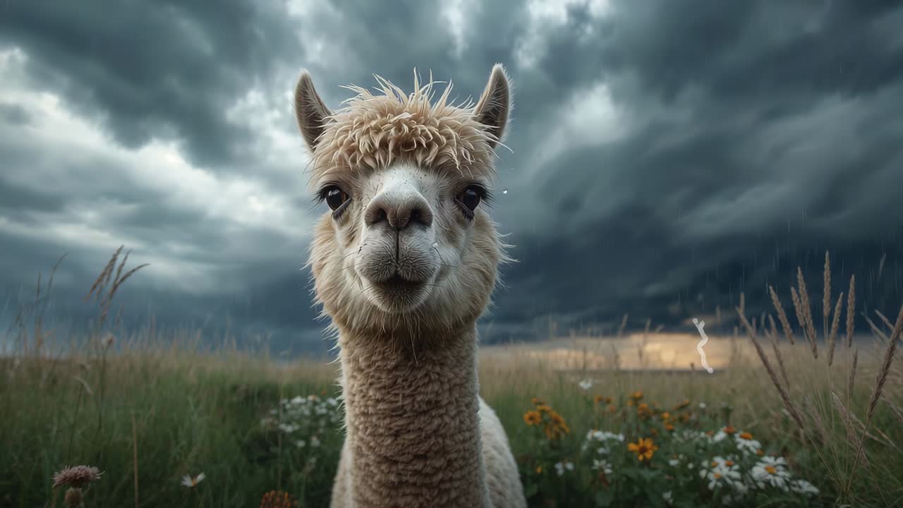 Shifting ears, beige alpaca blinking and turning head in meadow with wildflowers, with storm clouds