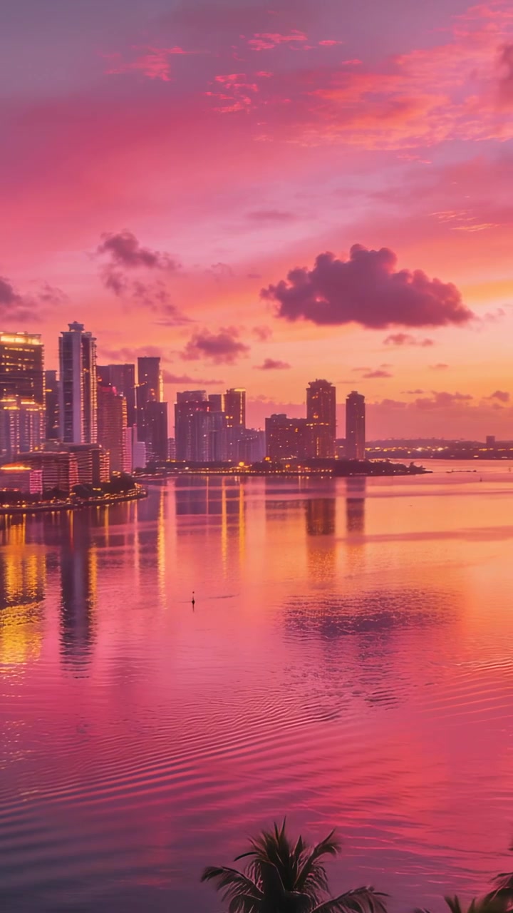 Vídeo Vertical: Câmera em Panorâmica do Horizonte na Baía ao Entardecer com Palmeiras e Reflexos