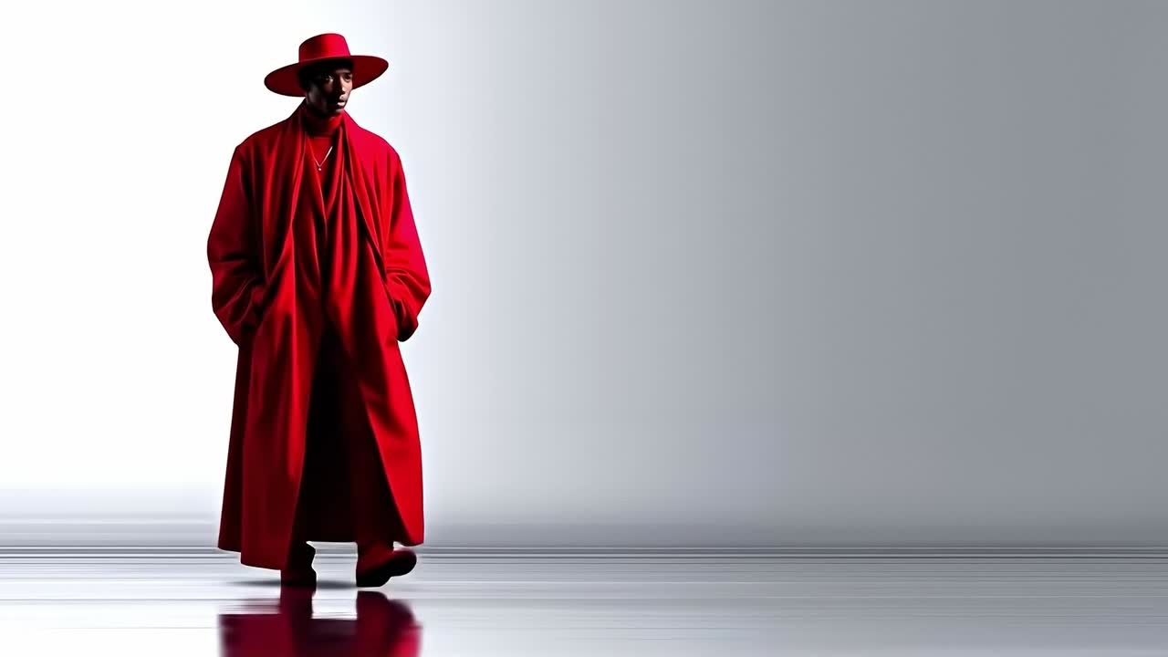 A man in a red coat and hat walking down a runway