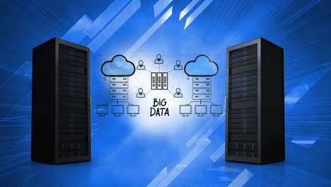 animación de texto de big data con servidores sobre fondo azul