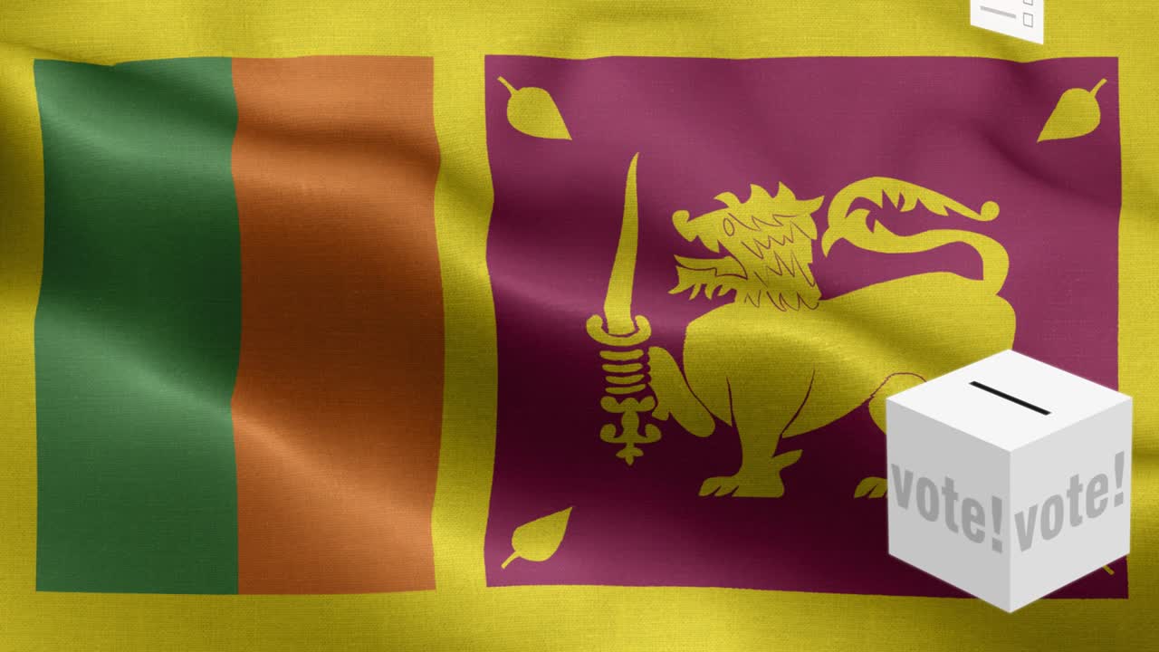 Ballots fly to box for Sri Lanka selection - Ballot box in front of flag - Election - Vote - Flag Of Sri Lanka - Sri Lanka Flag High Detail - National flag Sri Lanka wave Pattern loopable Elements - Fabric texture and endless loop
