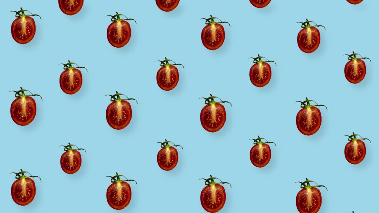 파란색 배경에 신선한 은 토마토의 다채로운 패턴, 체리 토마토를 잘라서 무 없는 패턴, 현실적인 애니메이션, 4k 비디오 모션