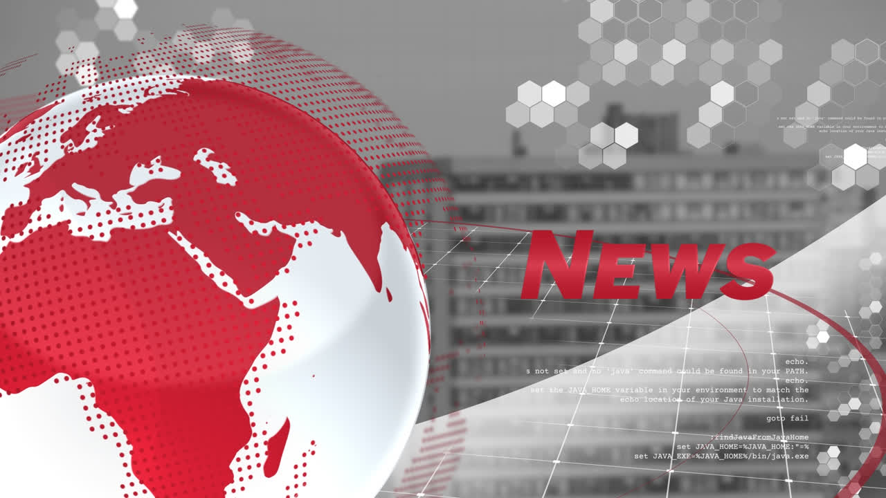 animación del texto de las noticias sobre el procesamiento de datos del globo y el paisaje urbano