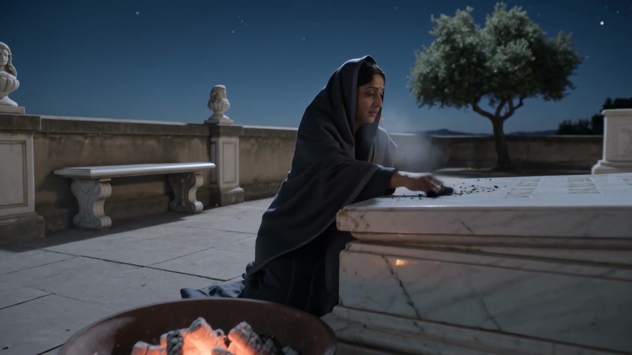Gece vakti, pelerinli diz çökmüş bir kadın, mangalın parıltısıyla metin okuyor ve mermer mezar terasındaki külleri düzeltiyor.