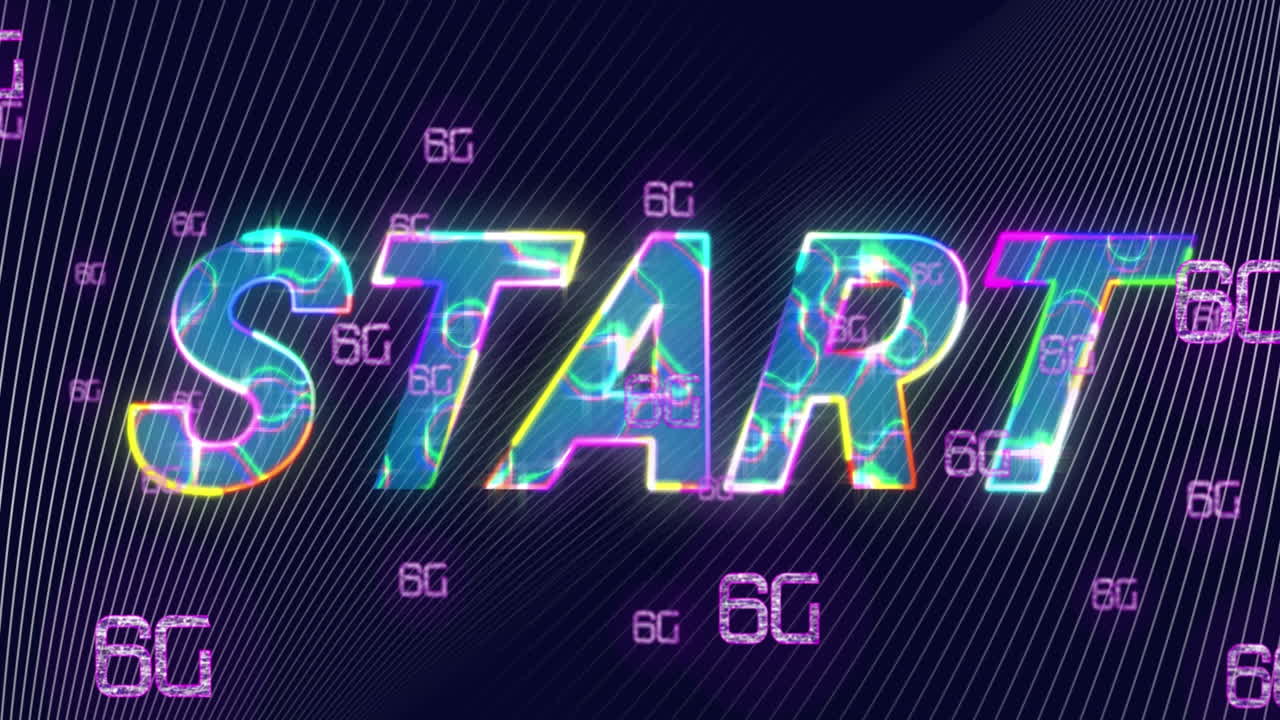 animación del texto de inicio sobre texto 6g y procesamiento de datos en fondo oscuro